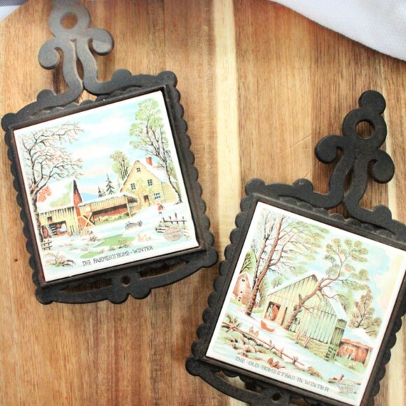 Set of 2:  Vintage Enesco  Cast Iron Trivets - Picture 1 of 4